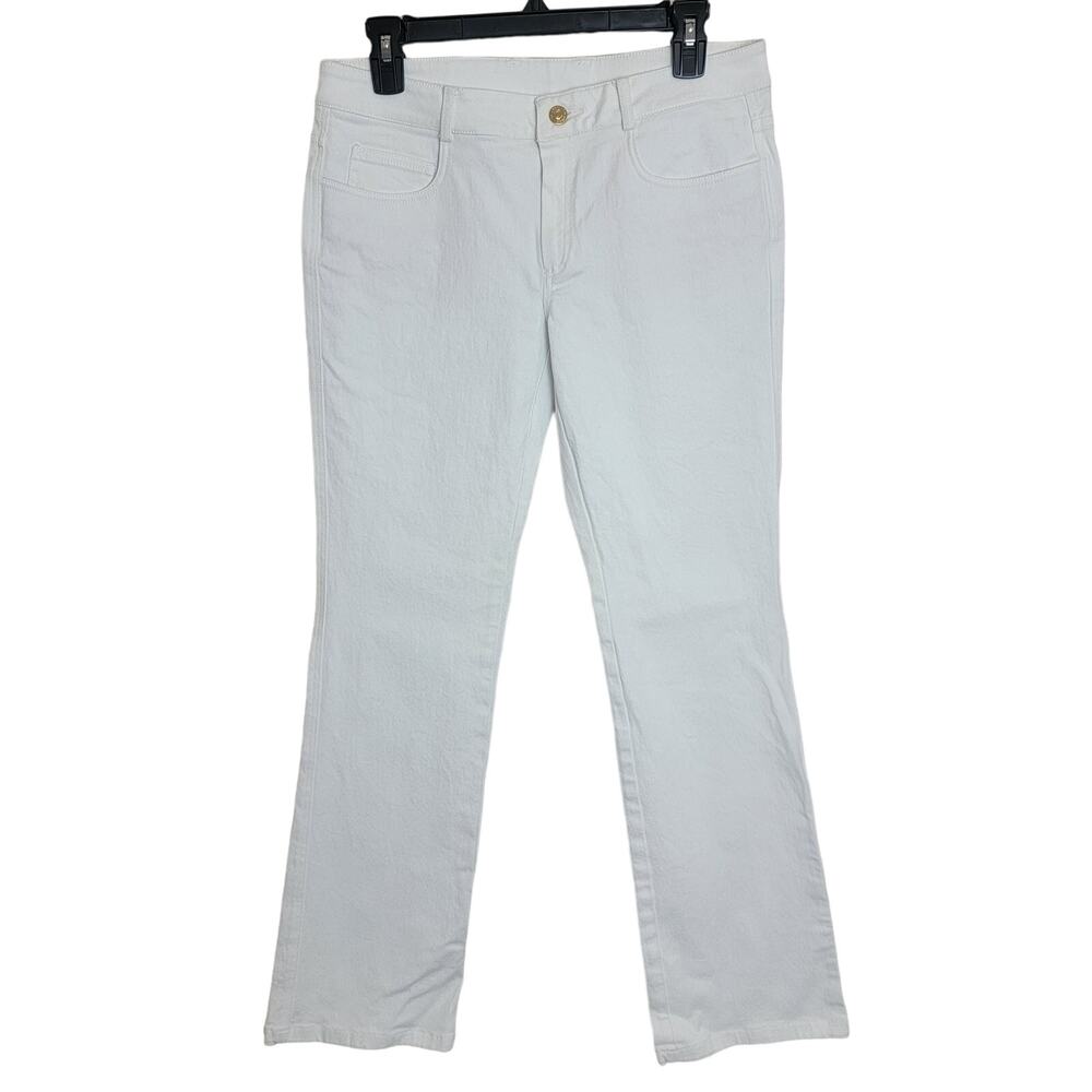 St. John White Rose Rhinestone Pocket Bootcut Jeans Size 6